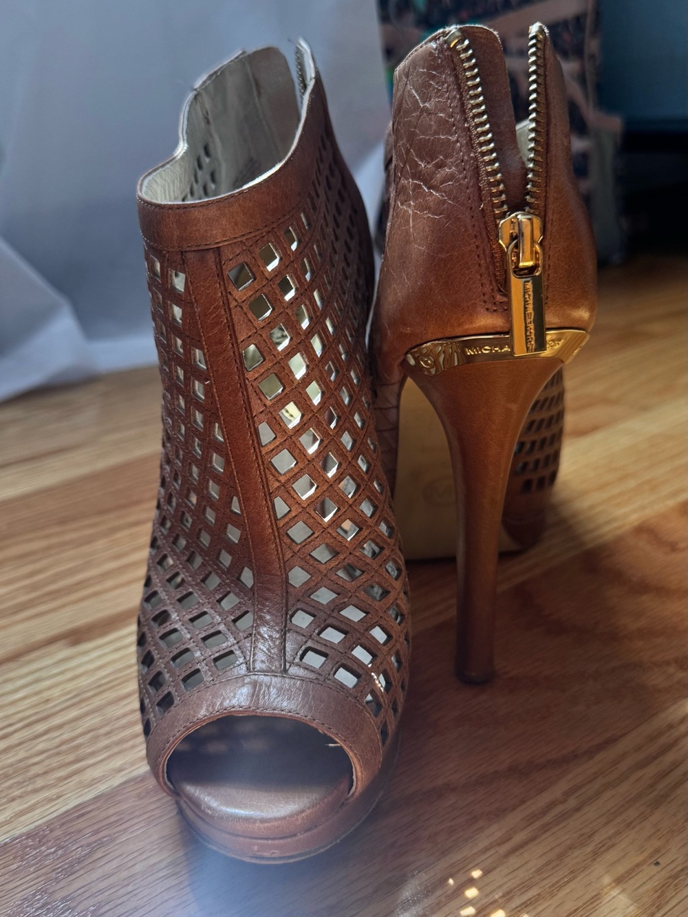 MICHAEL Michael Kors Brown Laser-Cut Peep-Toe Stiletto Booties